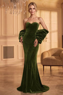 Velvet Long Evening Dresses Mermaid Strapless Sleeveless with Bow