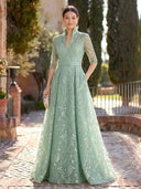 Sequin Long Evening Dresses A Line Long Sleeves Formal Dress