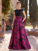 Jacquard Long Evening Dresses A Line Cap Sleeves Formal Dress Wedding Guest