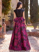 Jacquard Long Evening Dresses A Line Cap Sleeves Formal Dress Wedding Guest