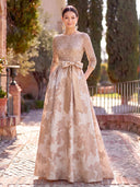 Jacquard Long Evening Dresses A Line Long Sleeves Boat Neck Formal Dress