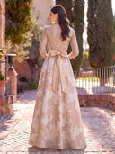 Jacquard Long Evening Dresses A Line Long Sleeves Boat Neck Formal Dress