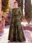 Jacquard Long Evening Dresses A Line Long Sleeves Boat Neck Formal Dress