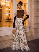 Satin Long Evening Dresses A Line Flower Boat Neck Formal Dress Wedding Guest