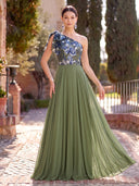 Chiffon Long Evening Dresses A Line One Shoulder Formal Dress with Flower