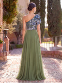Chiffon Long Evening Dresses A Line One Shoulder Formal Dress with Flower