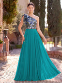 Chiffon Long Evening Dresses A Line One Shoulder Formal Dress with Flower
