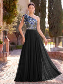 Chiffon Long Evening Dresses A Line One Shoulder Formal Dress with Flower