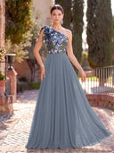 Chiffon Long Evening Dresses A Line One Shoulder Formal Dress with Flower