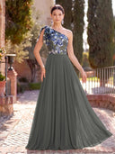 Chiffon Long Evening Dresses A Line One Shoulder Formal Dress with Flower