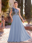 Chiffon Long Evening Dresses A Line One Shoulder Formal Dress with Flower