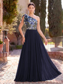 Chiffon Long Evening Dresses A Line One Shoulder Formal Dress with Flower