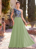 Chiffon Long Evening Dresses A Line One Shoulder Formal Dress with Flower