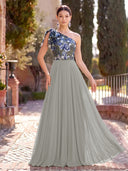 Chiffon Long Evening Dresses A Line One Shoulder Formal Dress with Flower