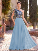 Chiffon Long Evening Dresses A Line One Shoulder Formal Dress with Flower