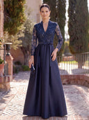 Satin Long Evening Dresses A Line Long Sleeves Sequin Lace Formal Dress