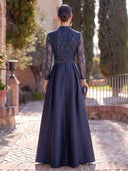 Satin Long Evening Dresses A Line Long Sleeves Sequin Lace Formal Dress