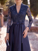 Satin Long Evening Dresses A Line Long Sleeves Sequin Lace Formal Dress