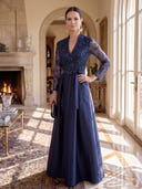 Satin Long Evening Dresses A Line Long Sleeves Sequin Lace Formal Dress