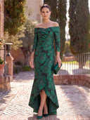 Jacquard Long Evening Dresses Mermaid 3/4 Sleeves Hig-Low Formal Dress