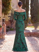 Jacquard Long Evening Dresses Mermaid 3/4 Sleeves Hig-Low Formal Dress