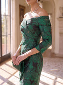 Jacquard Long Evening Dresses Mermaid 3/4 Sleeves Hig-Low Formal Dress