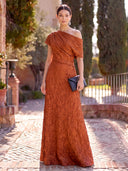 Satin Long Evening Dresses A Line Long Sleeves One Shoulder Formal Dress