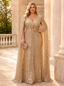 Plus Size Sequin Evening Dresses Mermaid V Neck Cape Sleeves Long Formal Dress