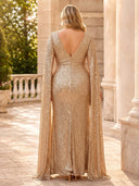Plus Size Sequin Evening Dresses Mermaid V Neck Cape Sleeves Long Formal Dress