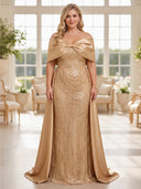 Plus Size Sequin Evening Dresses Mermaid Off Shoulder Long Formal Dress with Bow