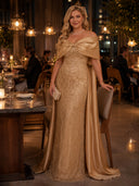 Plus Size Sequin Evening Dresses Mermaid Off Shoulder Long Formal Dress with Bow