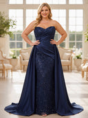 Plus Size Sequin Evening Dresses Mermaid Satin Strapless Long Formal Dress Wedding Guest