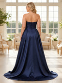 Plus Size Sequin Evening Dresses Mermaid Satin Strapless Long Formal Dress Wedding Guest