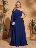 Plus Size Chiffon Evening Dresses One Shoulder Long A Line Formal Dress Wedding Guest