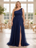 Plus Size Tulle Evening Dresses One Shoulder Long A Line Formal Dress Wedding Guest with Slit