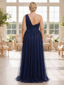 Plus Size Tulle Evening Dresses One Shoulder Long A Line Formal Dress Wedding Guest with Slit