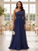 Plus Size Chiffon Evening Dresses One Shoulder Long A Line Long Sleeves Formal Dress Wedding Guest