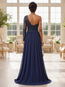 Plus Size Chiffon Evening Dresses One Shoulder Long A Line Long Sleeves Formal Dress Wedding Guest