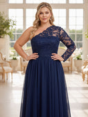 Plus Size Chiffon Evening Dresses One Shoulder Long A Line Long Sleeves Formal Dress Wedding Guest