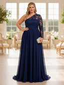 Plus Size Chiffon Evening Dresses One Shoulder Long A Line Long Sleeves Formal Dress Wedding Guest