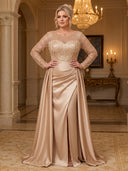 Plus Size Satin Evening Dresses Long Crew Neck Sequin Formal Dress Wedding Guest with Slit