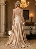 Plus Size Satin Evening Dresses Long Crew Neck Sequin Formal Dress Wedding Guest with Slit