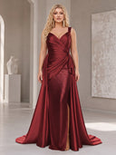 Plus Size Sequin Evening Dresses Mermaid V Neck Satin Formal Dress Wedding Guest