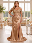 Plus Size Satin Evening Dresses with Slit Mermaid Off Shoulder