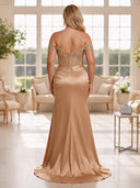 Plus Size Satin Evening Dresses with Slit Mermaid Off Shoulder