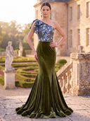 Velvet Long Olive Green Evening Dresses Mermaid One Shoulder Formal Dress Wedding Guest