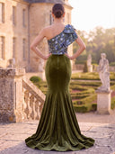 Velvet Long Olive Green Evening Dresses Mermaid One Shoulder Formal Dress Wedding Guest