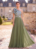 Chiffon Long Olive Green Evening One Shoulder Sequin Formal Dress Maxi Dress