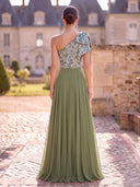 Chiffon Long Olive Green Evening One Shoulder Sequin Formal Dress Maxi Dress