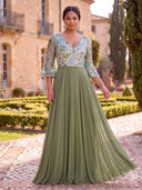 Plus Size Chiffon Long Olive Green Evening 3/4 Sleeves Sequin Formal Dress